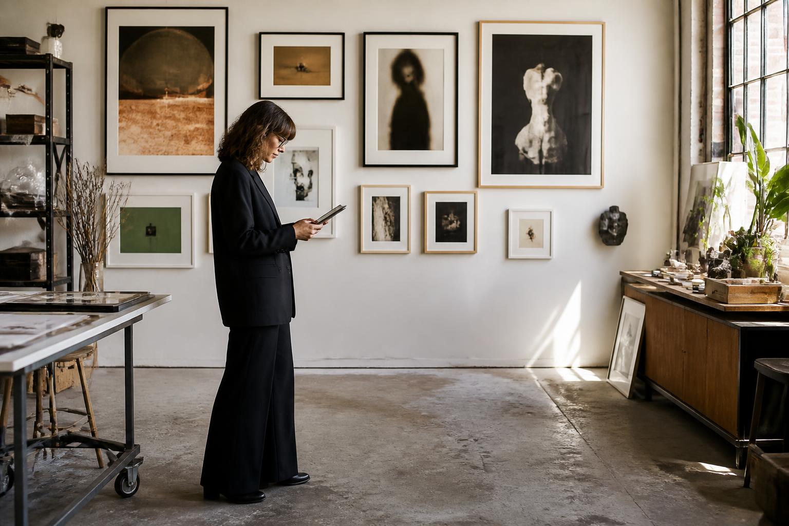 Curator reviewing artworks on a gallery wall