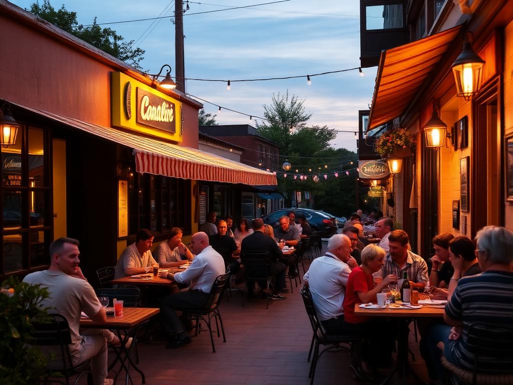 Diners at a busy restaurant patio in the evening