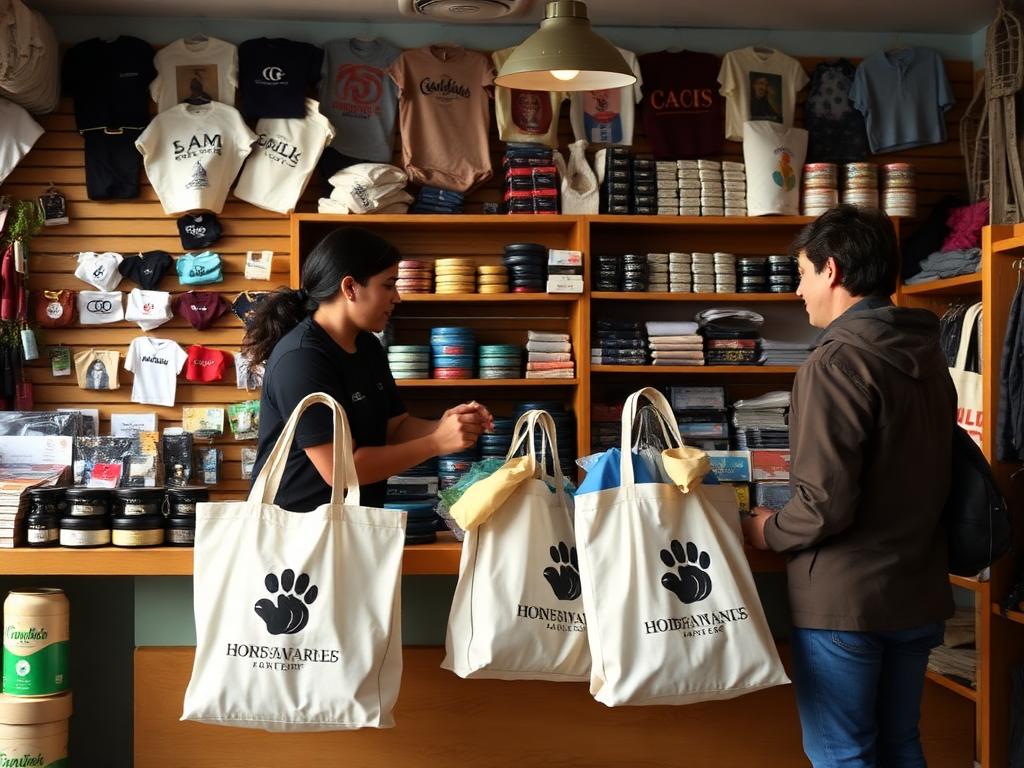 Shopkeeper helping a customer with branded local merchandise